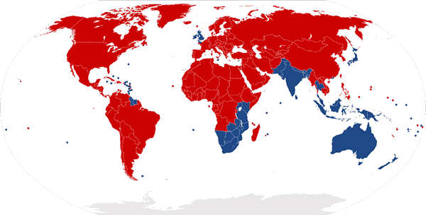 Karta över vänster- och högertrafik i Världen